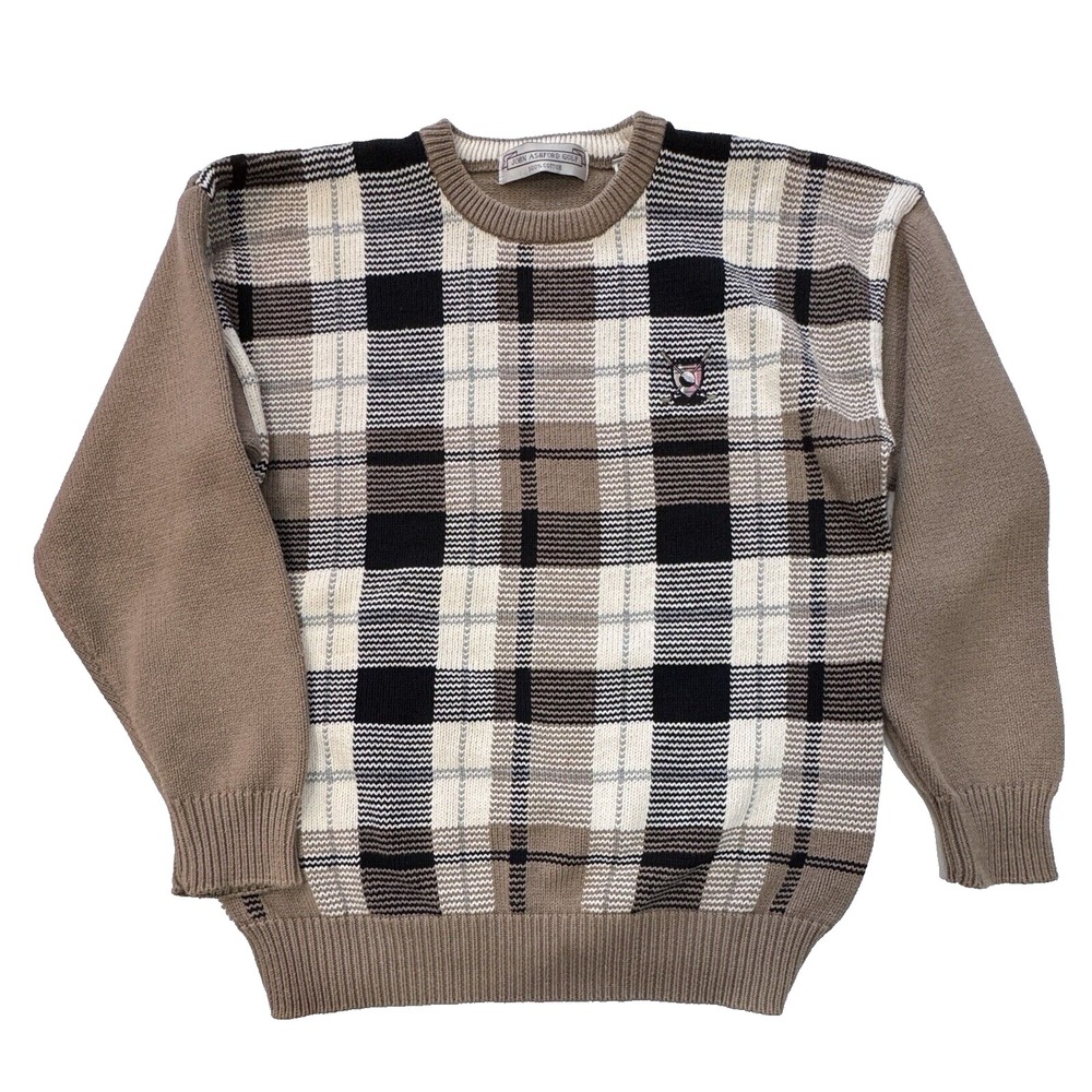 JOHN ASHFORD GOLF Men's Crew Neck Sweater Medium Plaid Tan‎ Preppy Golfer